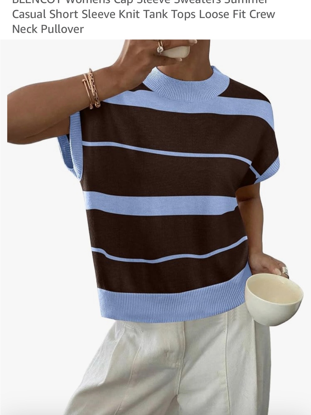 Striped Cap-Sleeve Knit Pullover - Black & Light Blue